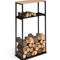 Porte-bûches intérieur vertical 33x66x112 cm en métal noir avec étagère