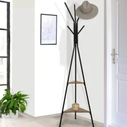 Porte-manteau bois métal design avec plateaux