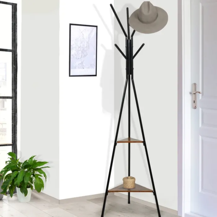 Porte-manteau bois métal design avec plateaux
