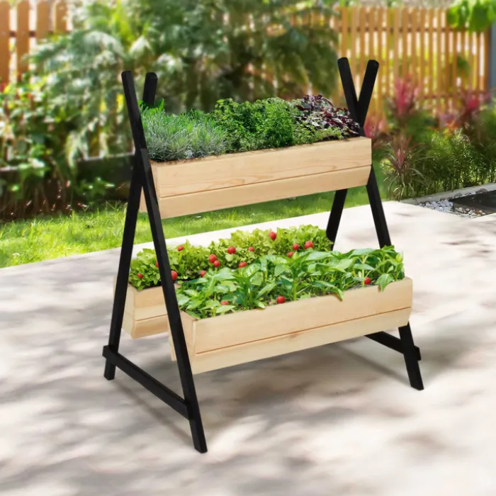 Potager 3 bacs bois finitions noires jardinière tipi