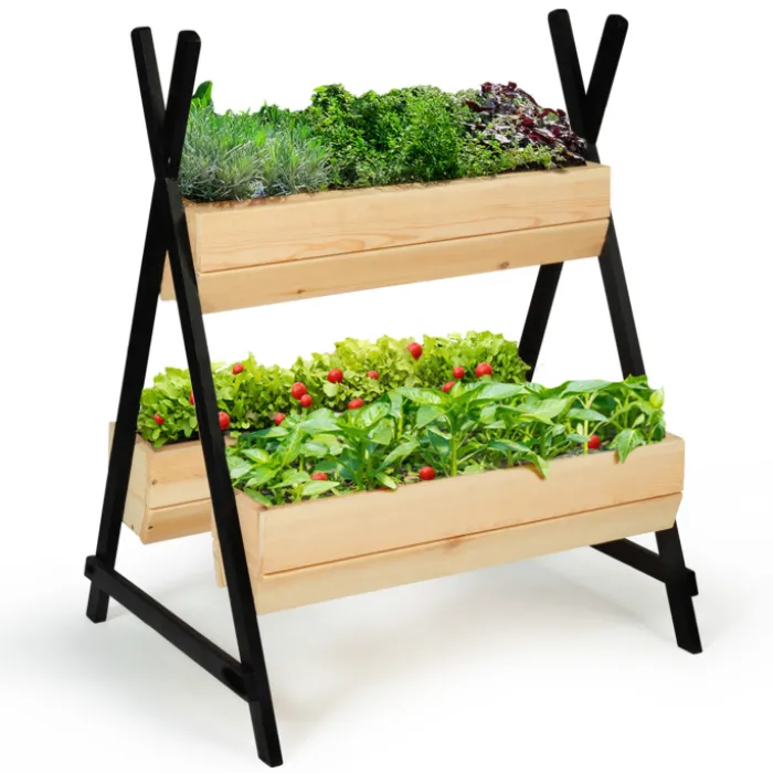 Potager 3 bacs bois finitions noires jardinière tipi