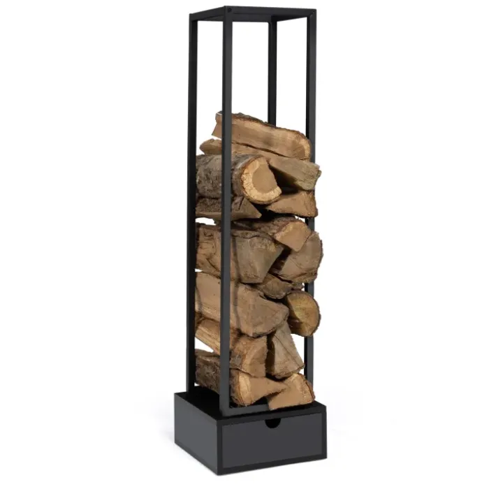 Range bûche intérieur vertical en acier noir avec tiroir