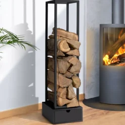 Range bûche intérieur vertical en acier noir avec tiroir