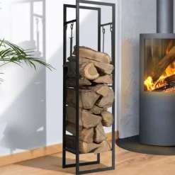 Range bûches vertical en acier noir et accessoires