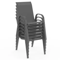 Salon de jardin 6 personnes chaises empilables gris anthracite table 150 cm