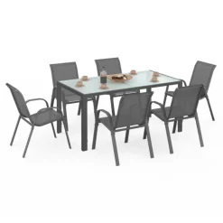 Salon de jardin 6 personnes chaises empilables gris anthracite table 150 cm