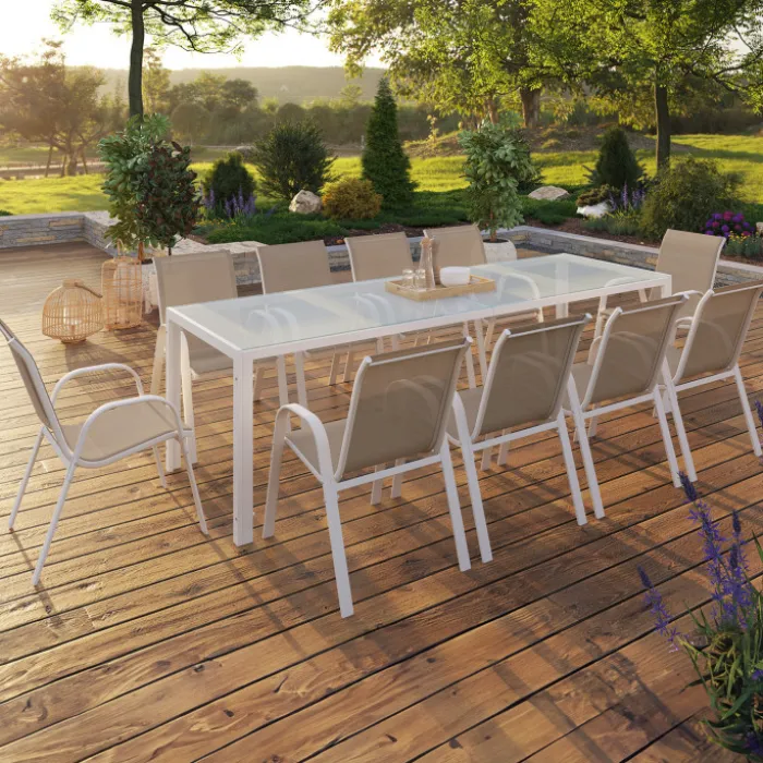 Salon de jardin 10 personnes blanc et beige 240 cm