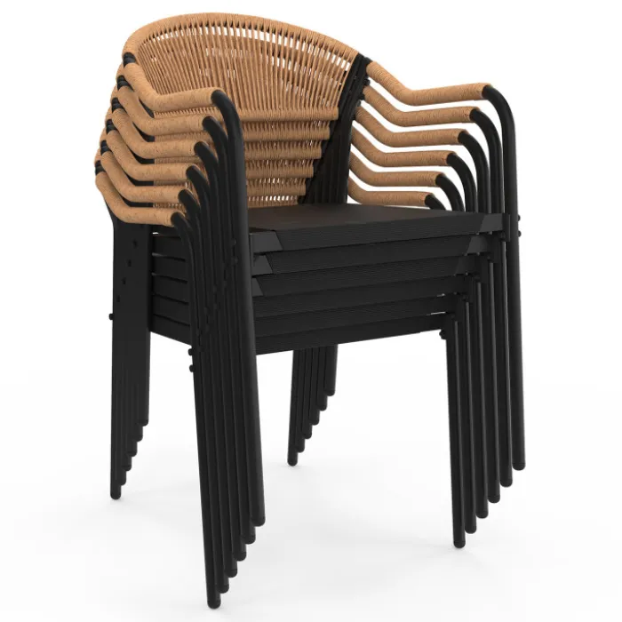 Salon de jardin 6 personnes avec chaises noir et rotin clair