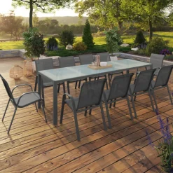 Salon de jardin 10 personnes table 240 cm plateau clair et chaises empilables gris anthracite