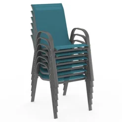 Salon de jardin 6 personnes chaises empilables bleu canard table 150 cm