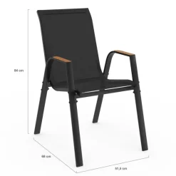 Salon de jardin avec plateau effet bois et chaises empilables noir et bois