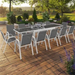 Salon de jardin avec table en verre trempé et 12 chaises