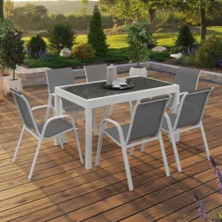 Salon de jardin avec table en verre trempé et 12 chaises