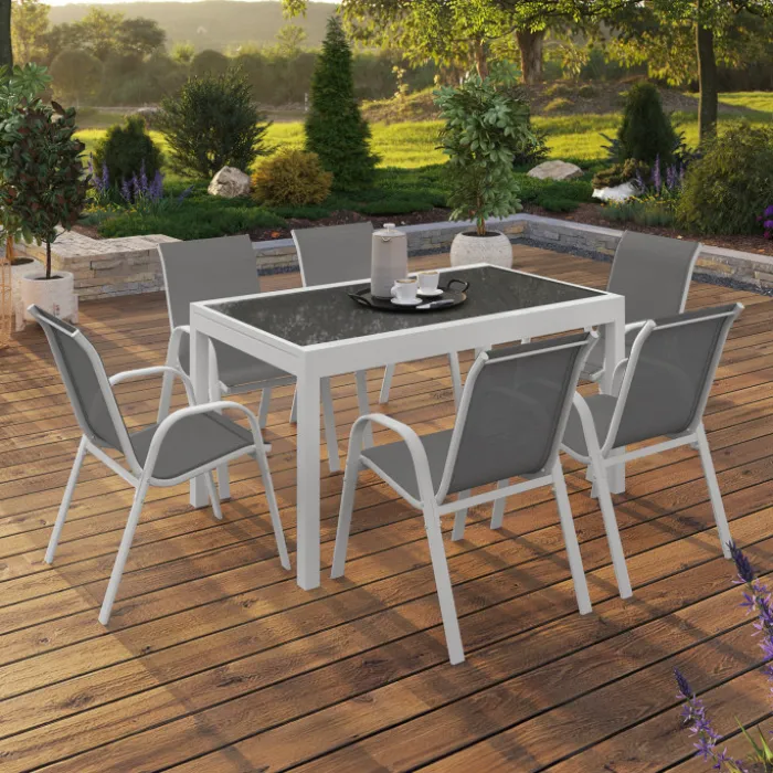 Salon de jardin avec table en verre trempé et 12 chaises