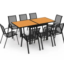 Salon de jardin avec table bois et noir + 8 chaises