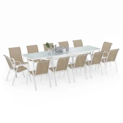 Salon de jardin avec table extensible 135-270 cm et 12 chaises empilables blanc et beige