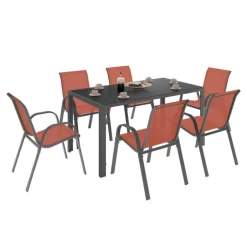 Salon de jardin avec table 150 cm et 6 chaises empilables terracotta et acier