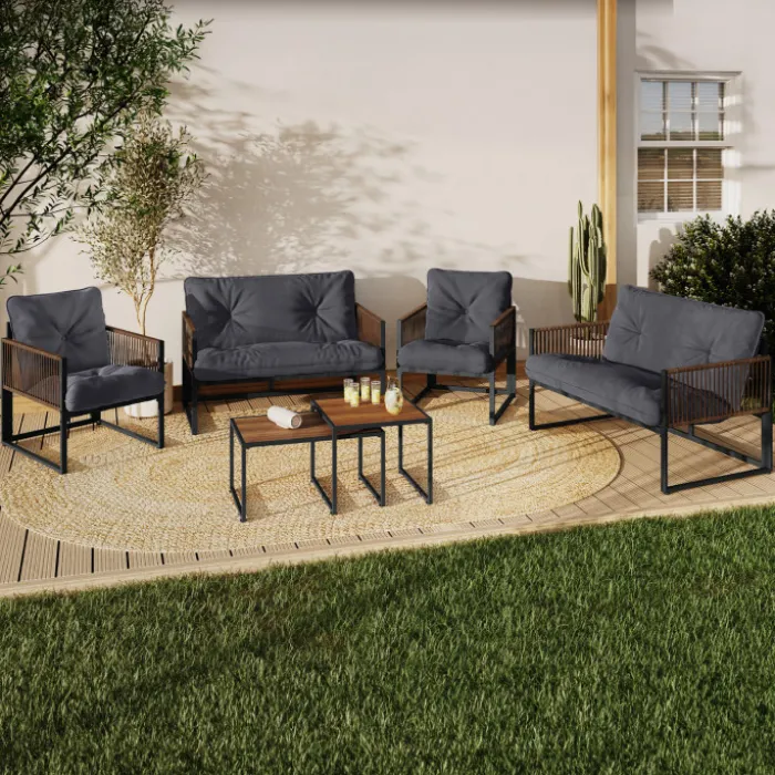 Salon de jardin bas 6 personnes canapés et fauteuils gris anthracite et cordage effet rotin avec tables basses