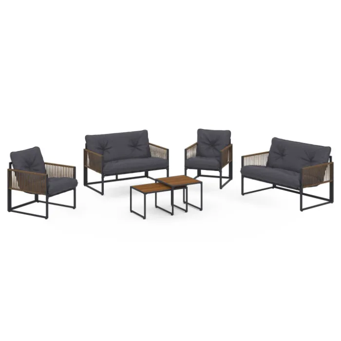 Salon de jardin bas 6 personnes canapés et fauteuils gris anthracite et cordage effet rotin avec tables basses