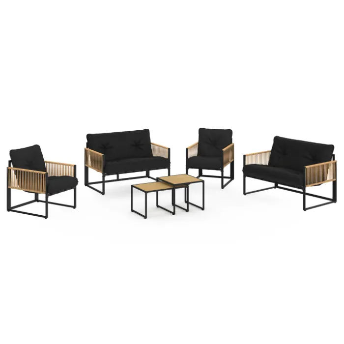 Salon de jardin bas 6 personnes canapés et fauteuils noir et cordage effet rotin clair avec tables basses