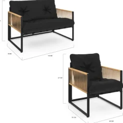 Salon de jardin bas 6 personnes canapés et fauteuils noir et cordage effet rotin clair avec tables basses