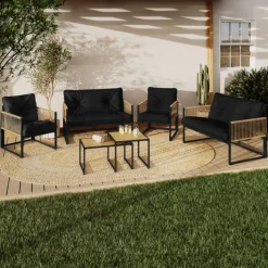Salon de jardin bas 6 personnes canapés et fauteuils noir et cordage effet rotin clair avec tables basses