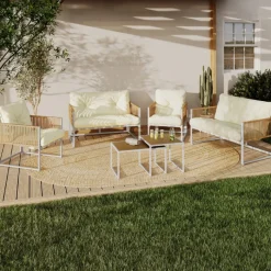 Salon de jardin bas 6 places structure métal blanc et cordage effet rotin avec coussins beige