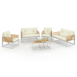 Salon de jardin bas 6 places structure métal blanc et cordage effet rotin avec coussins beige