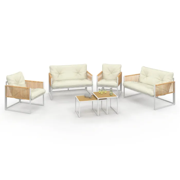 Salon de jardin bas 6 places structure métal blanc et cordage effet rotin avec coussins beige