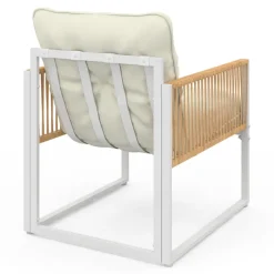 Salon de jardin bas 6 places structure métal blanc et cordage effet rotin avec coussins beige