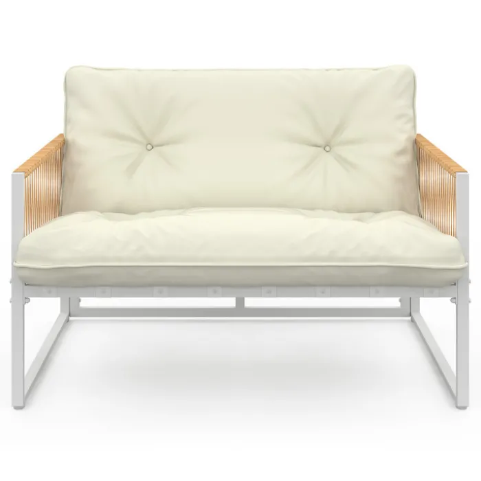 Salon de jardin bas 6 places structure métal blanc et cordage effet rotin avec coussins beige