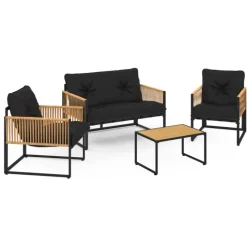 Salon de jardin bas 4 places acier noir, cordage rotin clair et coussins noir