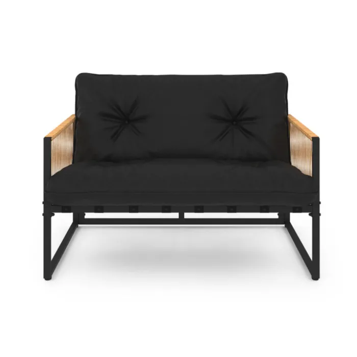 Salon de jardin bas 4 places acier noir, cordage rotin clair et coussins noir