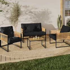 Salon de jardin bas 4 places acier noir, cordage rotin clair et coussins noir