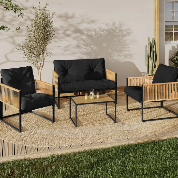 Salon de jardin bas 4 places acier noir, cordage rotin clair et coussins noir