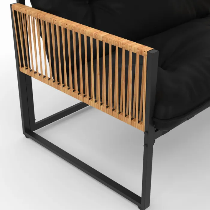 Salon de jardin bas 4 places acier noir, cordage rotin clair et coussins noir