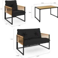 Salon de jardin bas 4 places acier noir, cordage rotin clair et coussins noir
