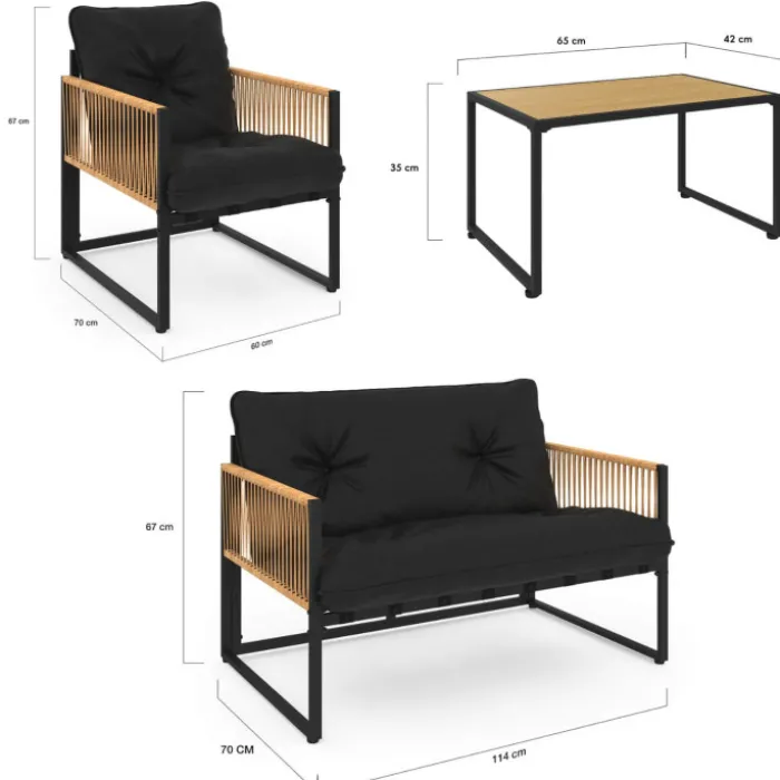 Salon de jardin bas 4 places acier noir, cordage rotin clair et coussins noir