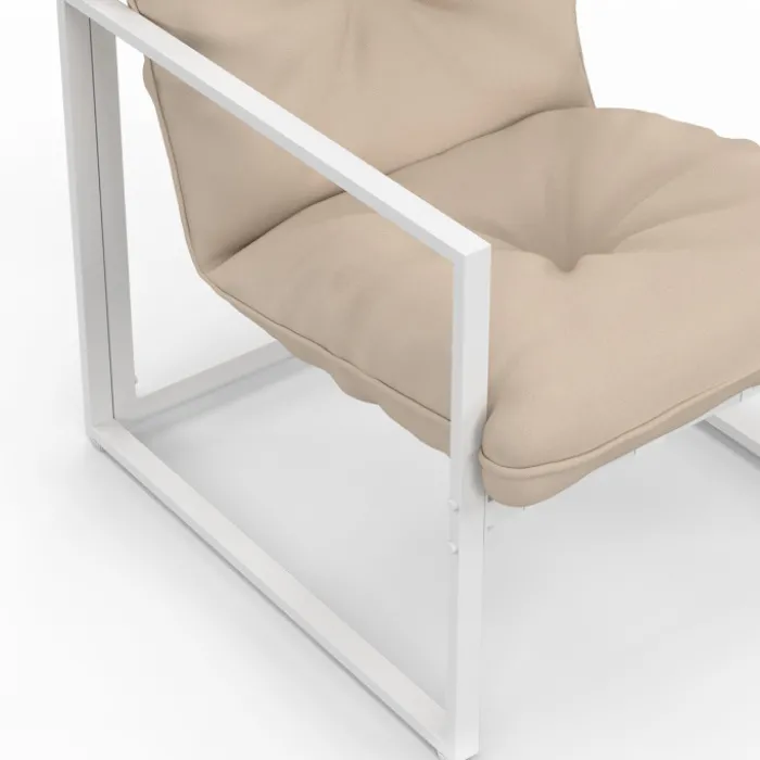 Salon de jardin bas 8 places salon d'angle en acier blanc et coussins beige