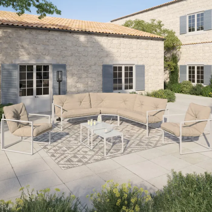 Salon de jardin bas 8 places salon d'angle en acier blanc et coussins beige