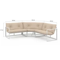 Salon de jardin bas 8 places salon d'angle en acier blanc et coussins beige