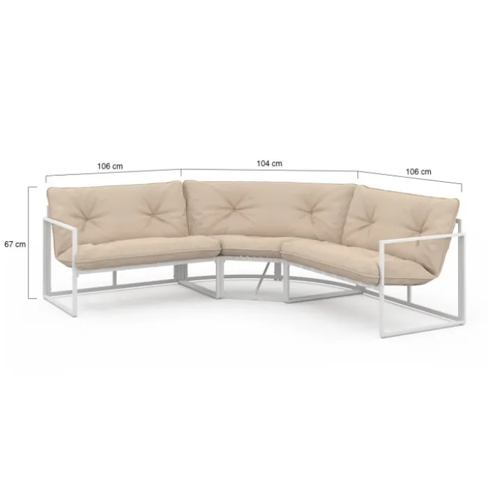 Salon de jardin bas 8 places salon d'angle en acier blanc et coussins beige