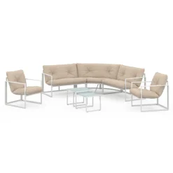 Salon de jardin bas 8 places salon d'angle en acier blanc et coussins beige