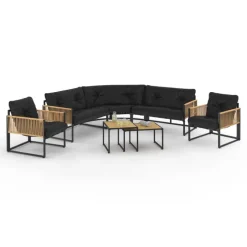Salon de jardin bas 8 places salon d'angle structure métal noir, cordage effet rotin clair et coussins noirs