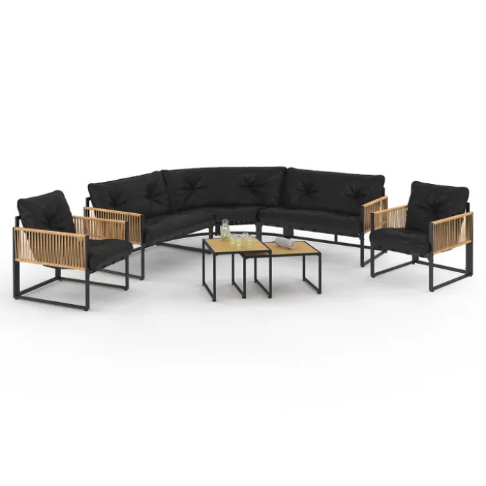 Salon de jardin bas 8 places salon d'angle structure métal noir, cordage effet rotin clair et coussins noirs