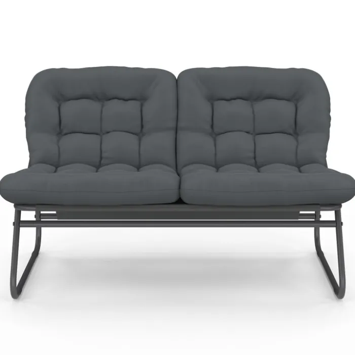 Salon de jardin bas 4 places en métal gris anthracite et coussins gris avec canapé, fauteuils et table