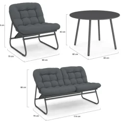 Salon de jardin bas 4 places en métal gris anthracite et coussins gris avec canapé, fauteuils et table
