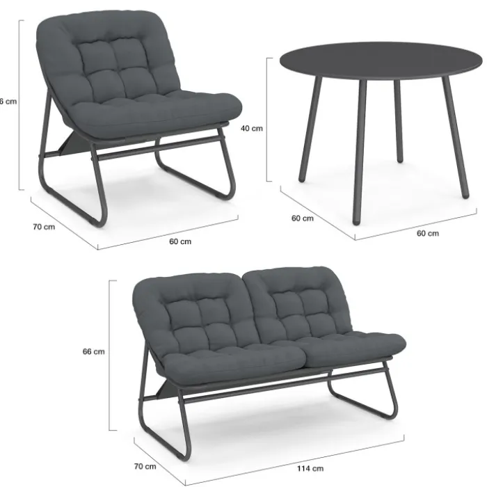 Salon de jardin bas 4 places en métal gris anthracite et coussins gris avec canapé, fauteuils et table