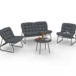Salon de jardin bas 4 places en métal gris anthracite et coussins gris avec canapé, fauteuils et table
