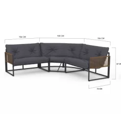 Salon de jardin bas 8 places canapé d'angle, fauteuils avec coussin gris et 2 tables basses